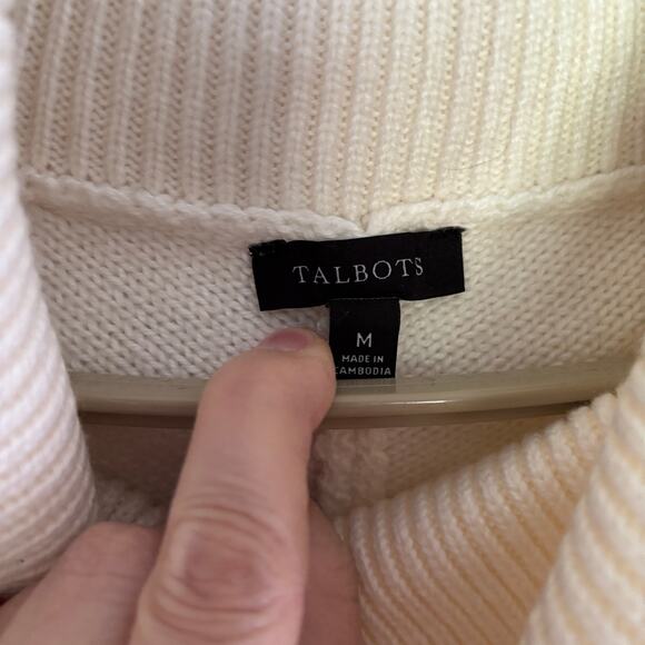 Talbots Cream Cable Knit Triangle Poncho Sweater Medium cotton blend white - Picture 6 of 7